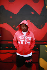 Load image into Gallery viewer, LIVE SLOW, LIVE TO GROW - RED HOODIE

